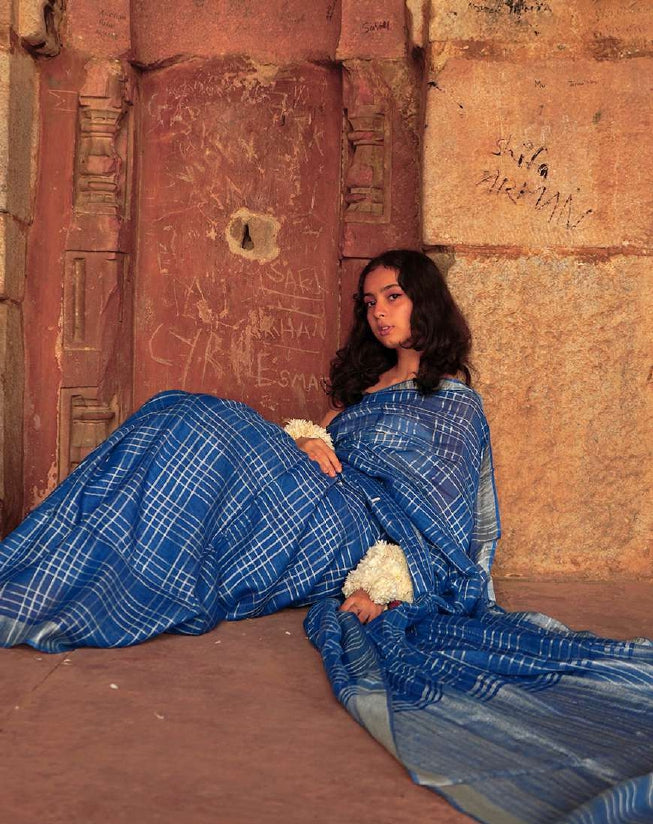 Blue Check Linen Saree