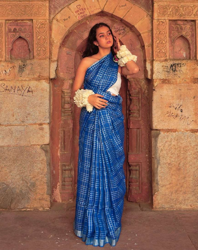 Blue Check Linen Saree