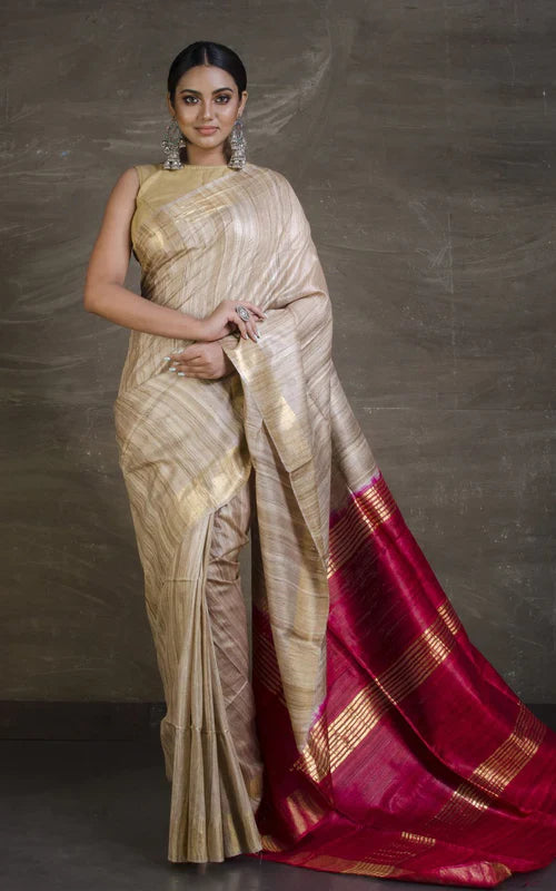 NATUTURAL COLOUR DARK PINKISH CONTRST PALLU TUSSAR GICCHA SILK SAREE