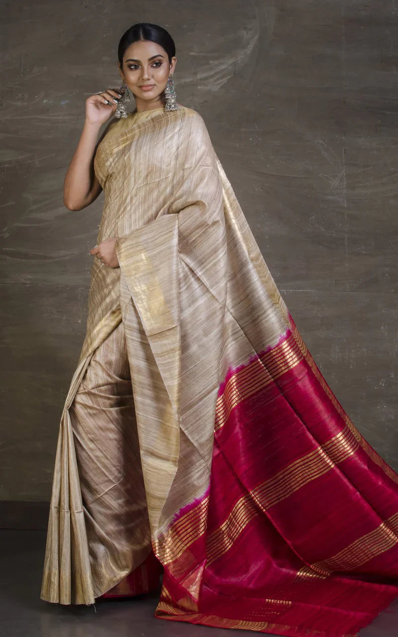 NATUTURAL COLOUR DARK PINKISH CONTRST PALLU TUSSAR GICCHA SILK SAREE