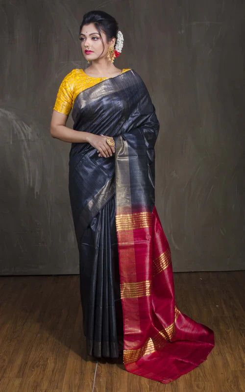 BLACK COLOUR DARK PINKISH CONTRST PALLU TUSSAR GICCHA SILK SAREE