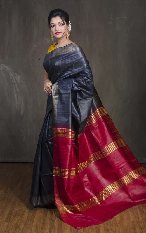 BLACK COLOUR DARK PINKISH CONTRST PALLU TUSSAR GICCHA SILK SAREE