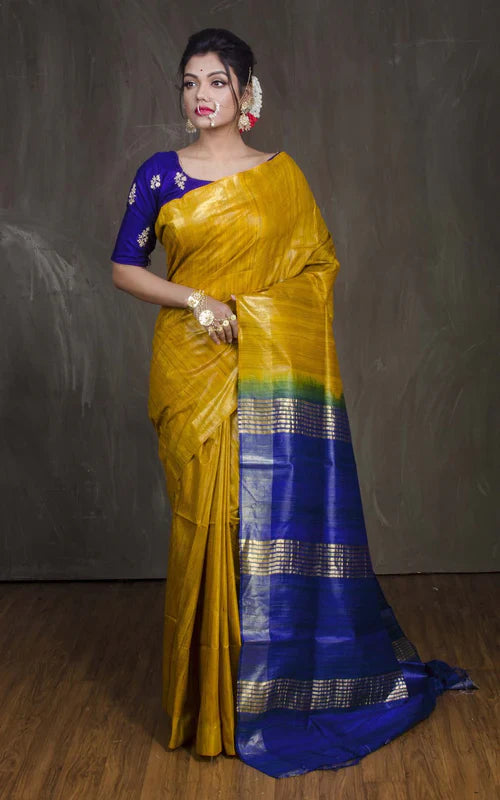 MUSTARD COLOUR BLUE PALLU TUSSAR GICCHA SILK SAREE