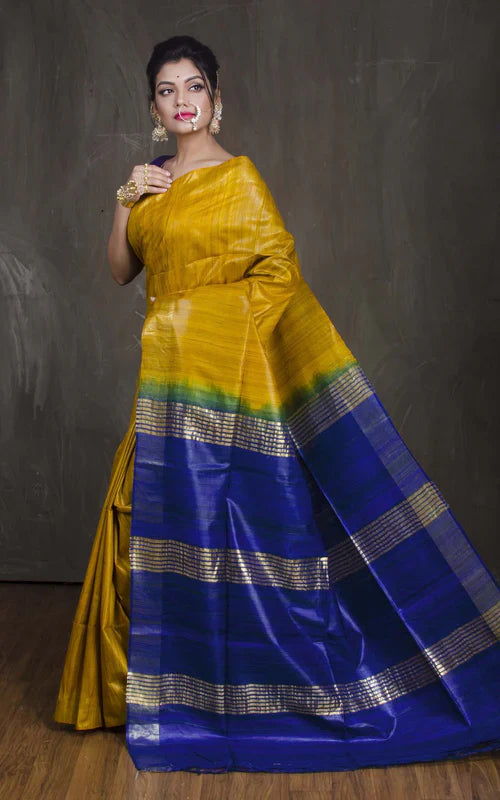 MUSTARD COLOUR BLUE PALLU TUSSAR GICCHA SILK SAREE