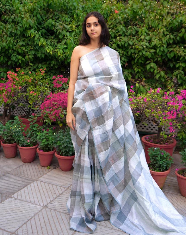 Grey Colour Check Linen Saree