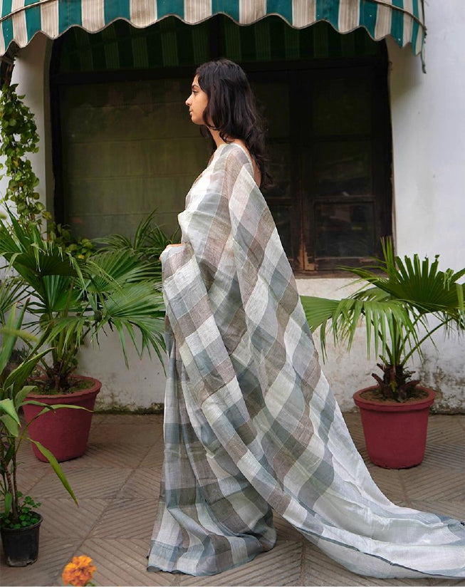 Grey Colour Check Linen Saree