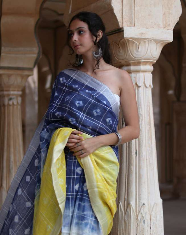 Hand Block Printed Yellow Blue Shaded Shbori Style Linen Saree