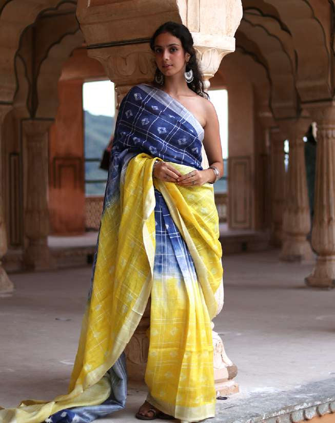 Hand Block Printed Yellow Blue Shaded Shbori Style Linen Saree