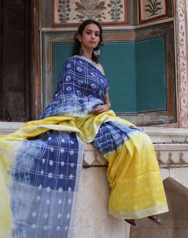 Hand Block Printed Yellow Blue Shaded Shbori Style Linen Saree