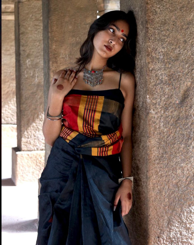 Black Tussar Dupion Handcrafted Silk Saree