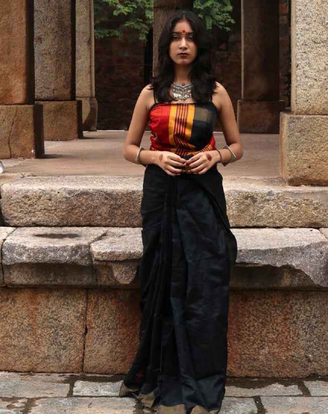 Black Tussar Dupion Handcrafted Silk Saree