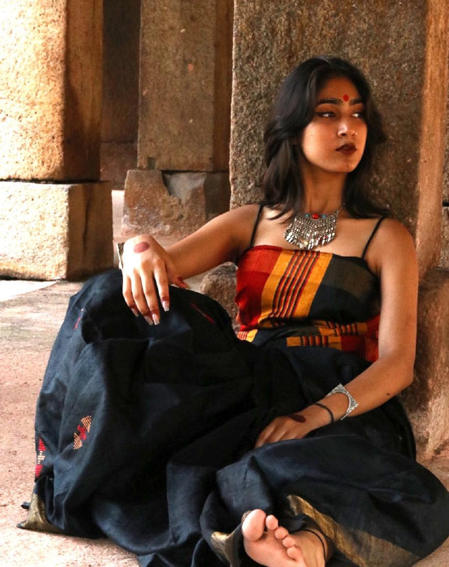 Black Tussar Dupion Handcrafted Silk Saree