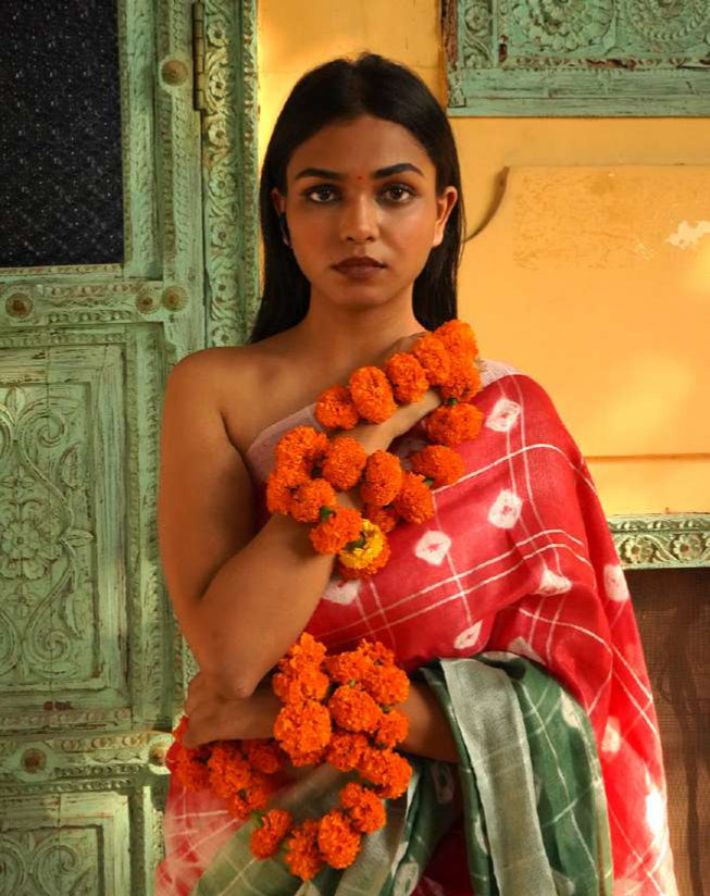 Shibori Style Green & Pink Linen Saree with Hand Block Print
