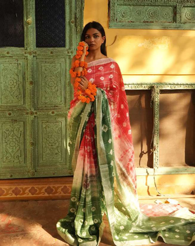 Shibori Style Green & Pink Linen Saree with Hand Block Print