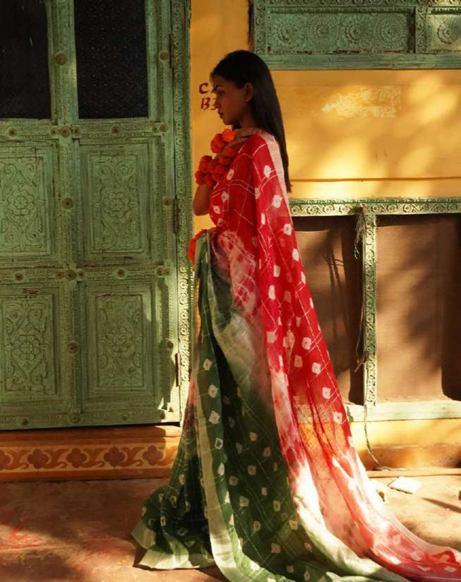 Shibori Style Green & Pink Linen Saree with Hand Block Print