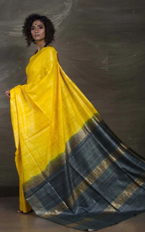 BRIGHT YELLOW COLOUR CONTRST PALLU TUSSAR GICCHA SILK SAREE