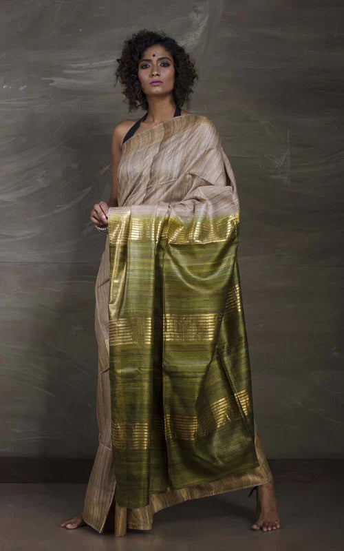 NATURAL COLOUR CONTRST PALLU TUSSAR GICCHA SILK SAREE