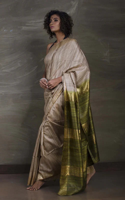 NATURAL COLOUR CONTRST PALLU TUSSAR GICCHA SILK SAREE