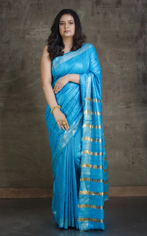 SKY BLUE JARI PALLU TUSSAR GICCHA SILK SAREE