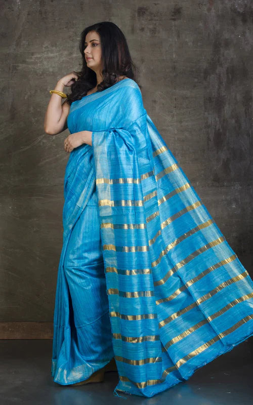 SKY BLUE JARI PALLU TUSSAR GICCHA SILK SAREE