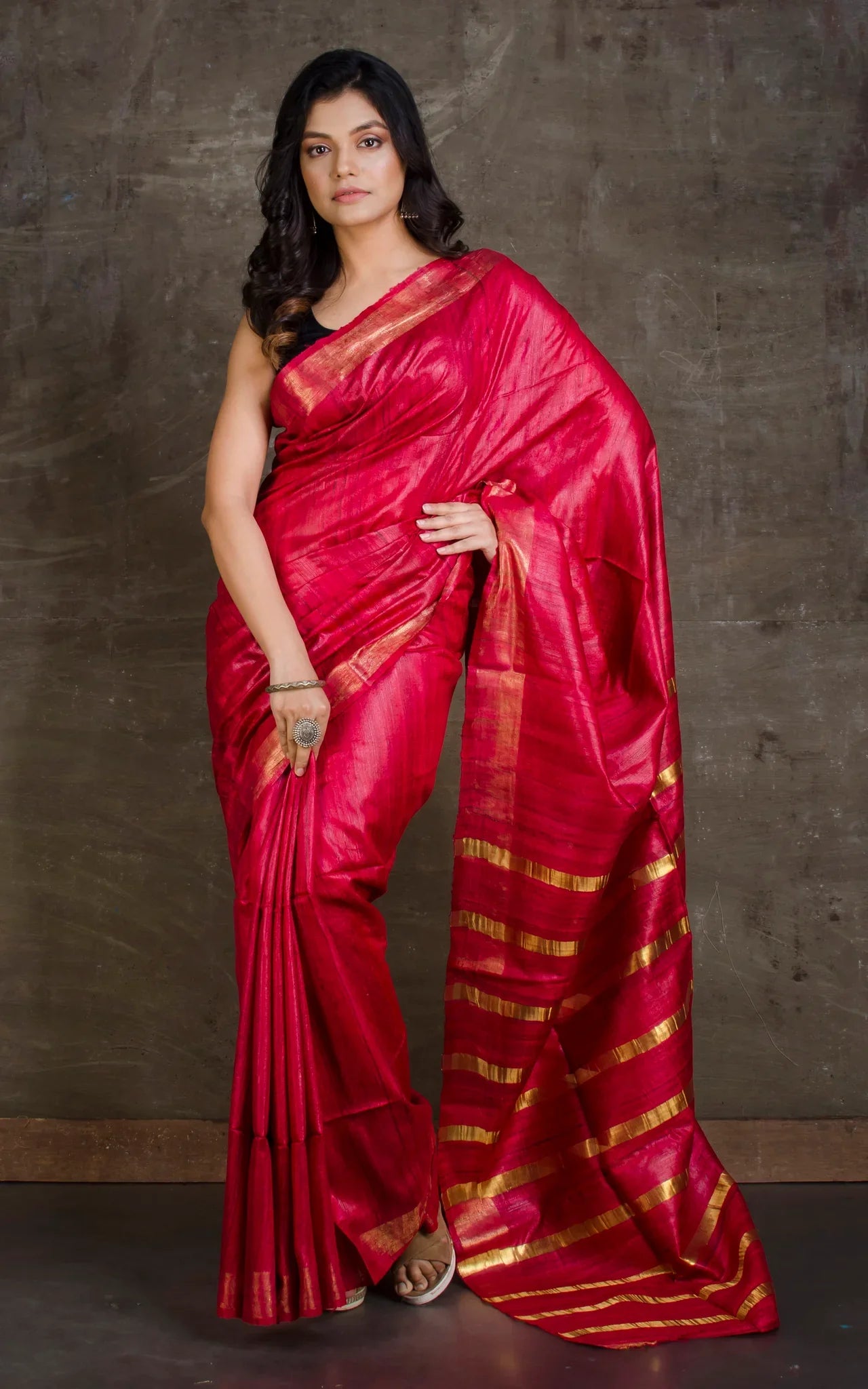 PINKISH GOLDEN JARI PALLU TUSSAR GICCHA SILK SAREE