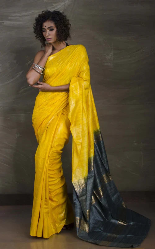 BRIGHT YELLOW COLOUR CONTRST PALLU TUSSAR GICCHA SILK SAREE