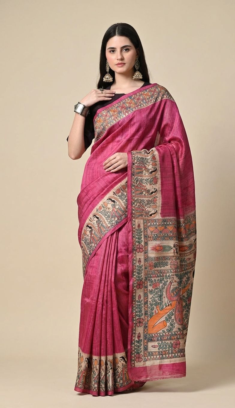 Madhubani Marvel: High-Quality Tussar Silk Saree with Traditional Painting Motifs