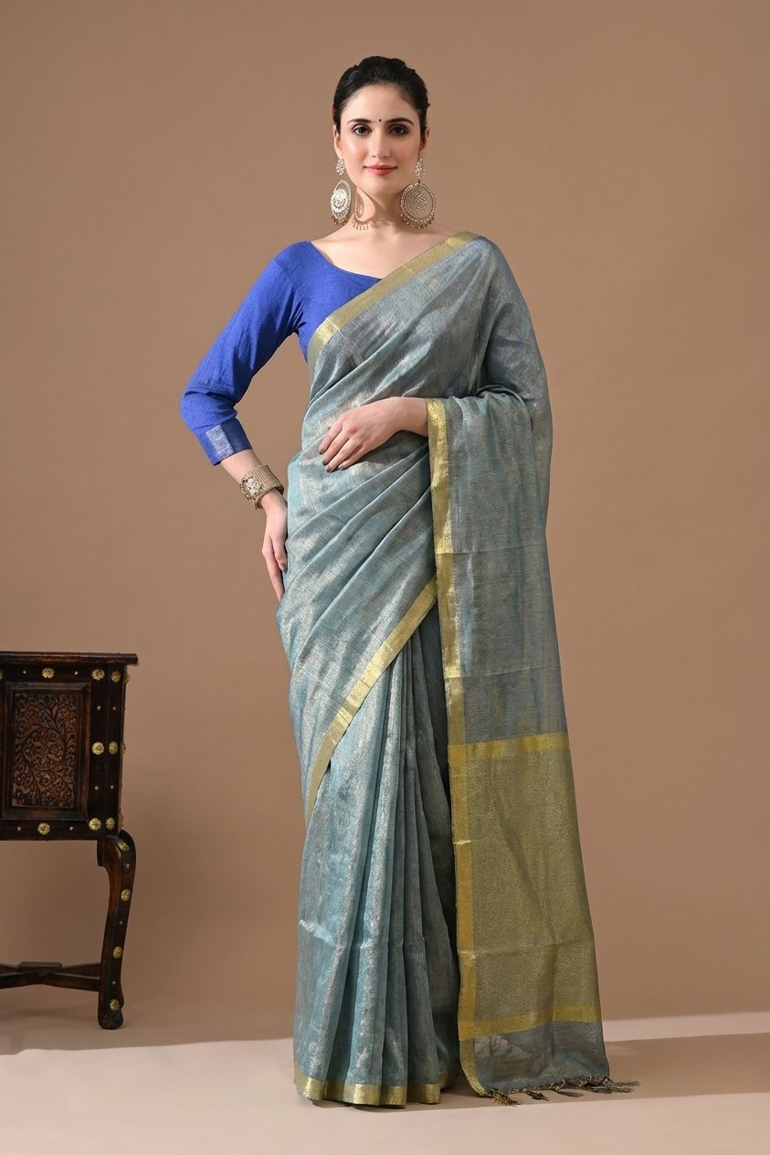 Handwoven Mist Blue tissue Linen Saree – Bhasha Bharat