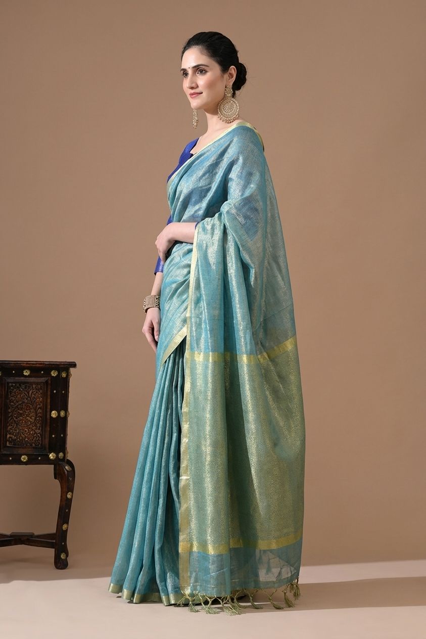 Handwoven Mist Blue tissue Linen Saree – Bhasha Bharat