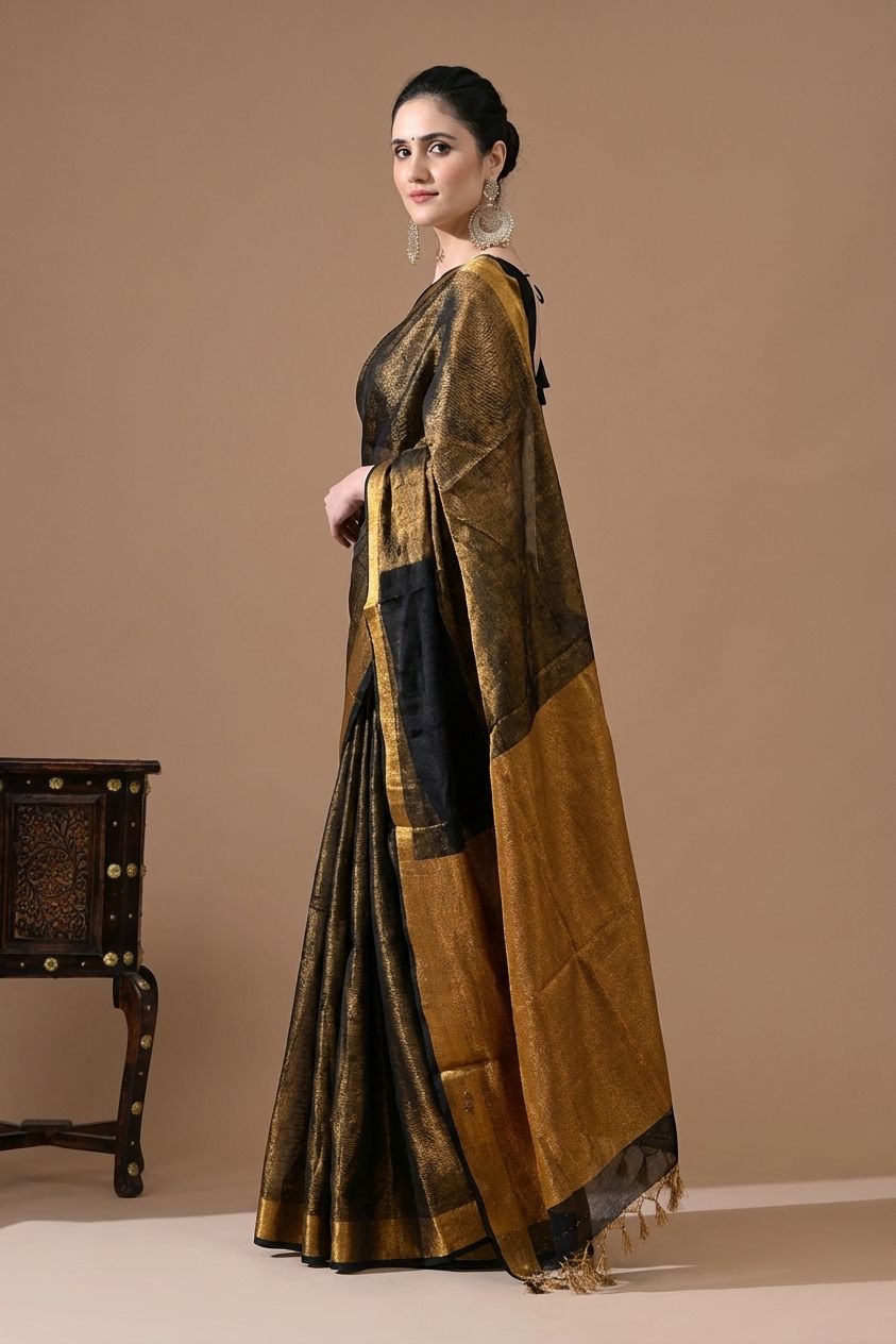 Handwoven Charcoal Black & Antique Gold Tissue Linen Saree – Bhasha Bharat