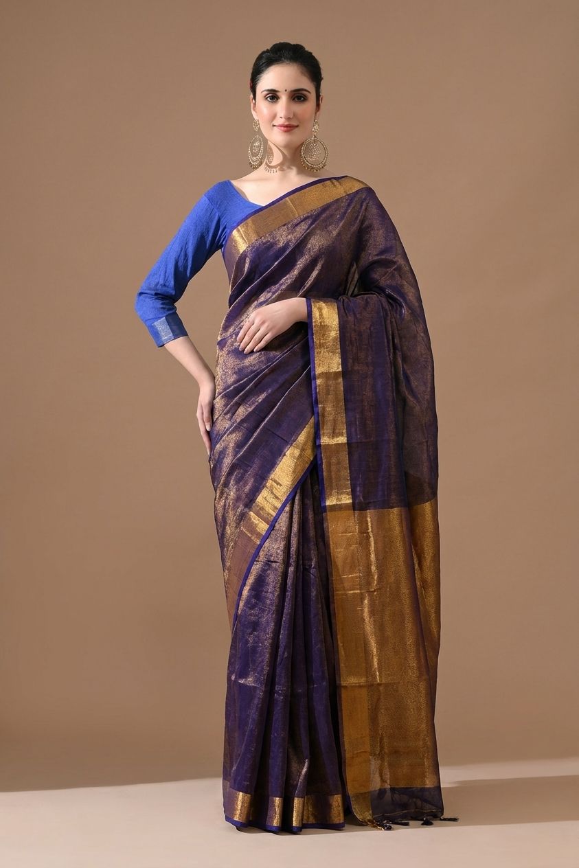 Handwoven Indigo & Antique Gold Tissue Linen Saree – Bhasha Bharat