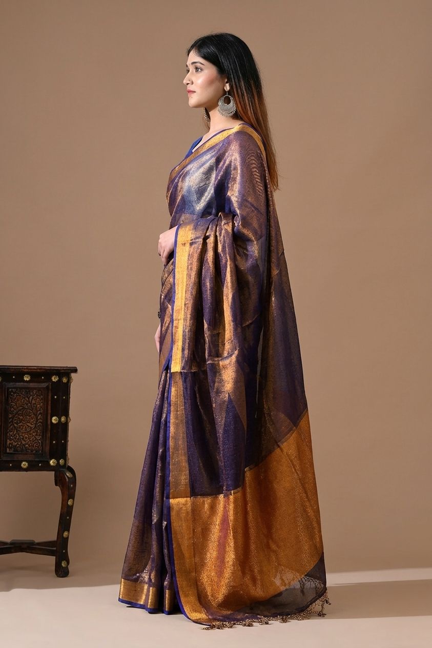 Handwoven Indigo & Antique Gold Tissue Linen Saree – Bhasha Bharat