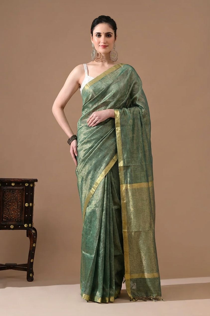 Handwoven Olive Green Tissue Linen Saree – Bhasha Bharat