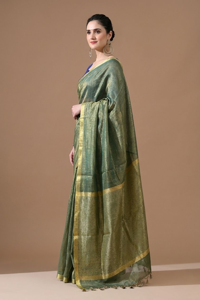 Handwoven Olive Green Tissue Linen Saree – Bhasha Bharat