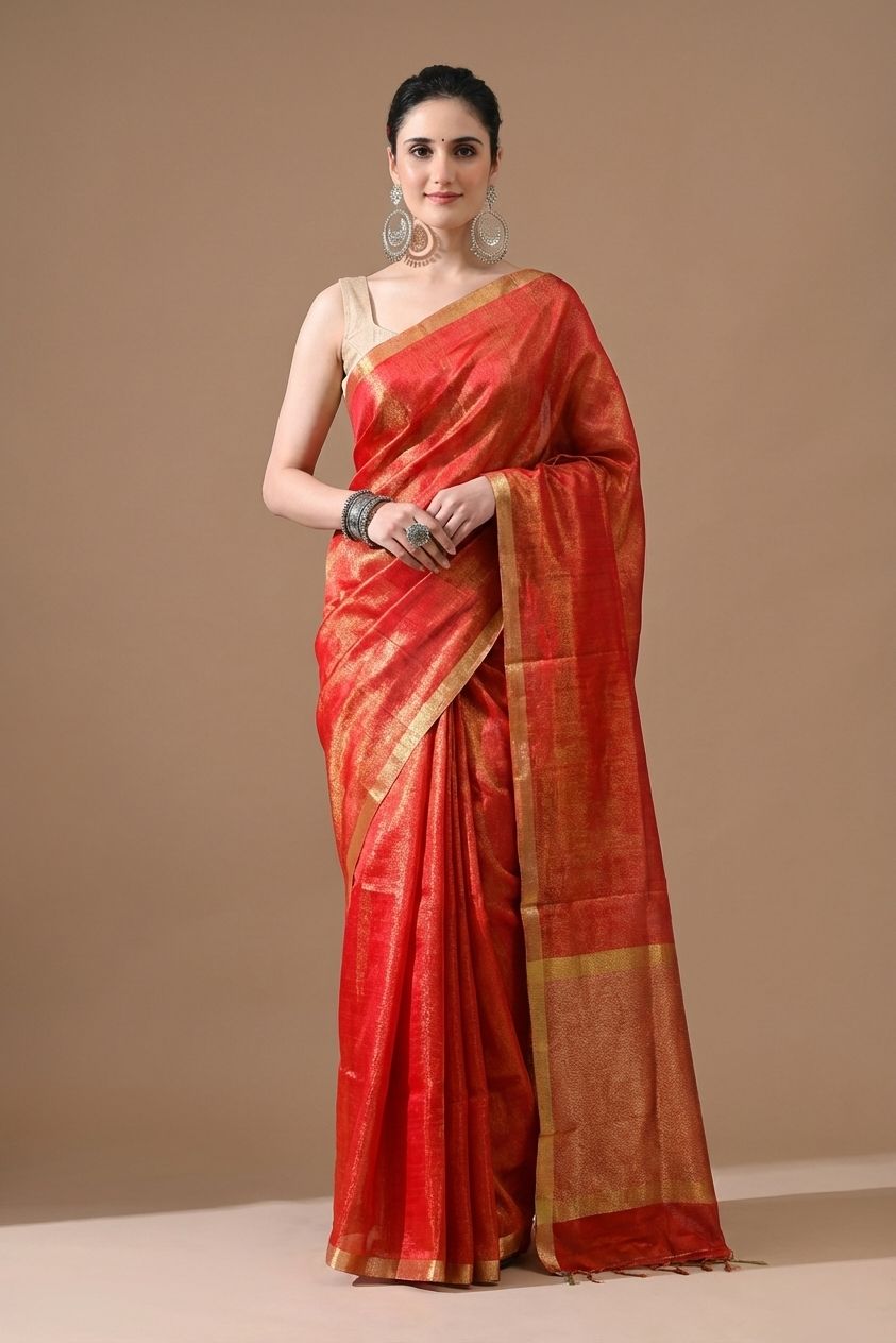 Tissue Linen Saree Handwoven Crimson Linen Saree
