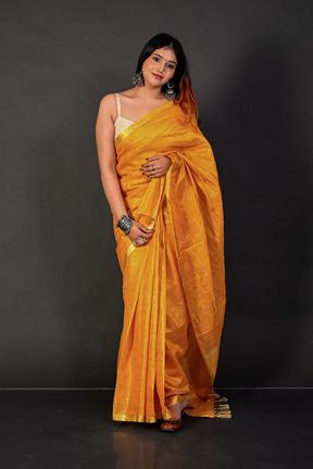 Handwoven Golden Linen Saree