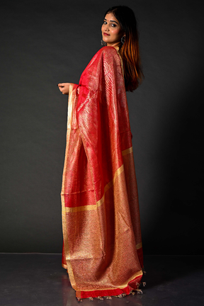 Tissue Linen Saree Handwoven Crimson Linen Saree