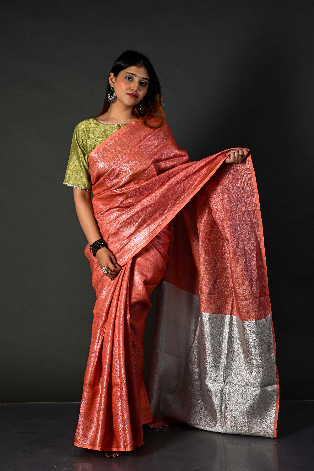 Tissue Linen Elegant Coral Linen Saree with Silver Pallu
