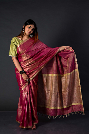 Tissue linen Handwoven Wine Linen Saree