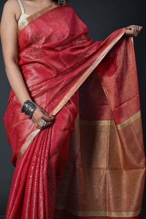 Tissue Linen Saree Handwoven Crimson Linen Saree