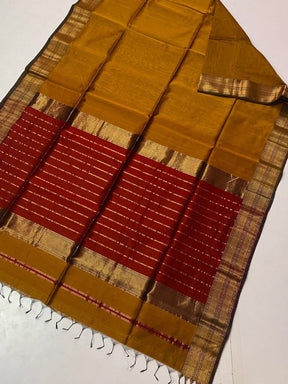 Mustard Yellow Maheshwari Silk Saree with Handwoven Gold Zari Border & Maroon Striped Pallu