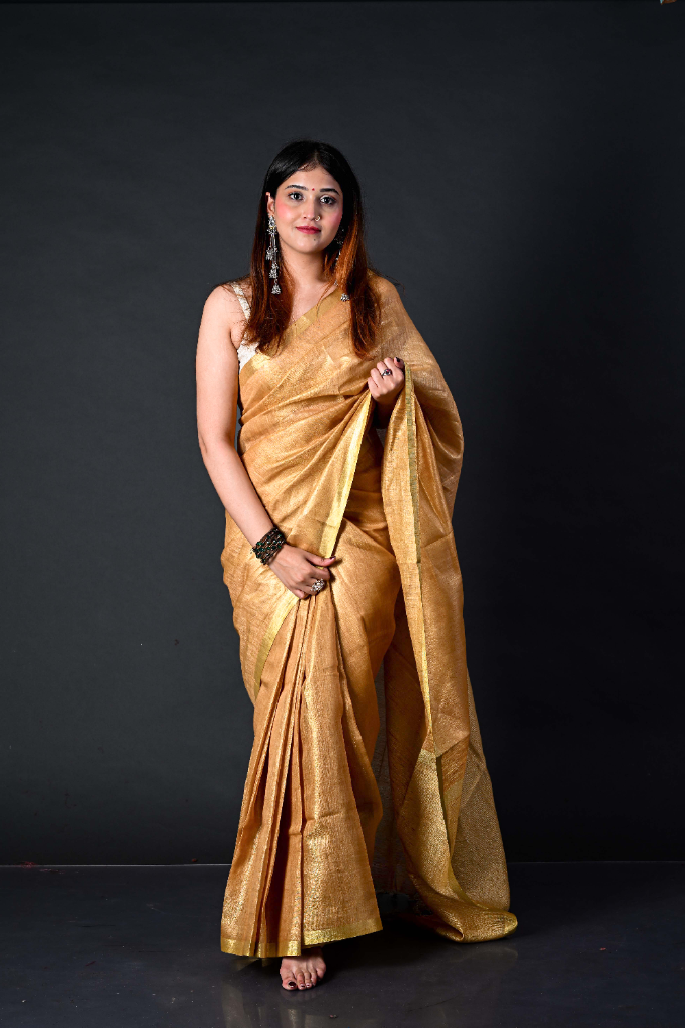 Handwoven Antique Gold Tissue Linen Saree – Bhasha Bharat