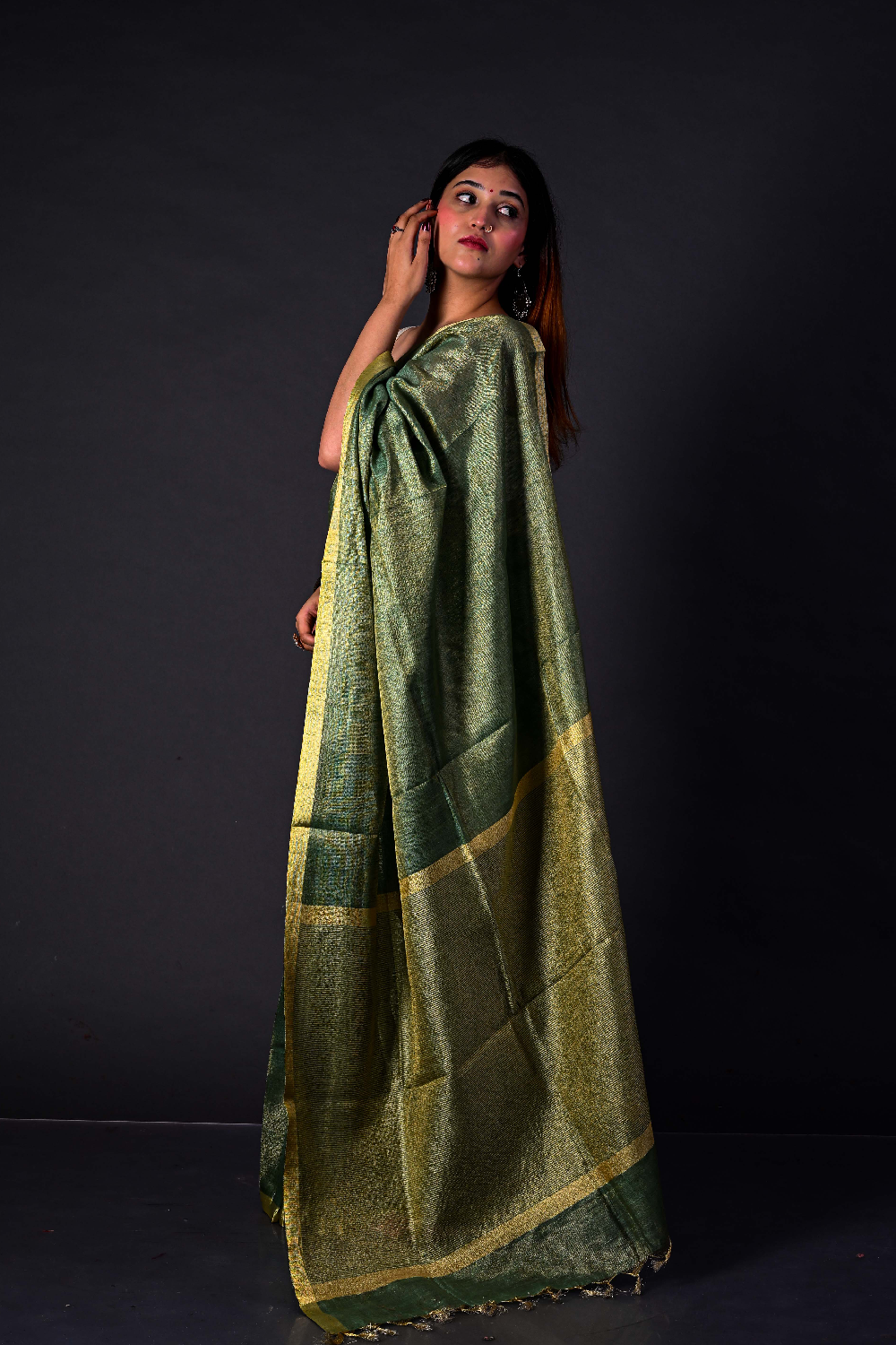 Handwoven Olive Green Tissue Linen Saree – Bhasha Bharat