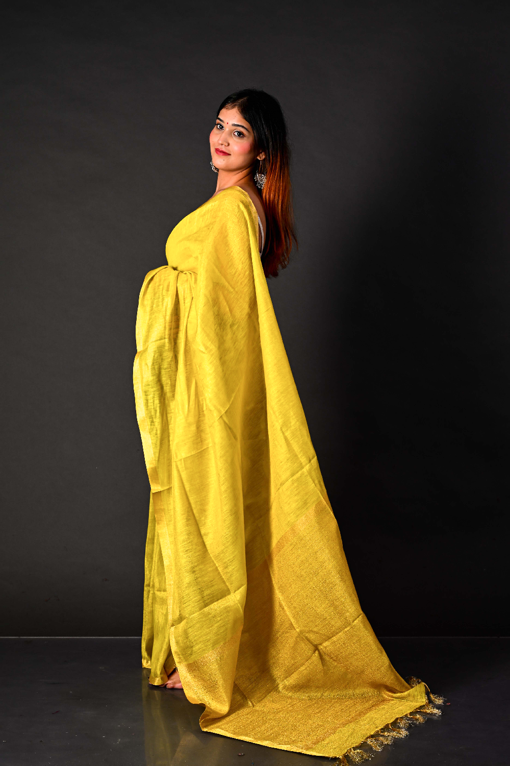 Handwoven Mustard Yellow TIssue Linen Saree – Bhasha Bharat
