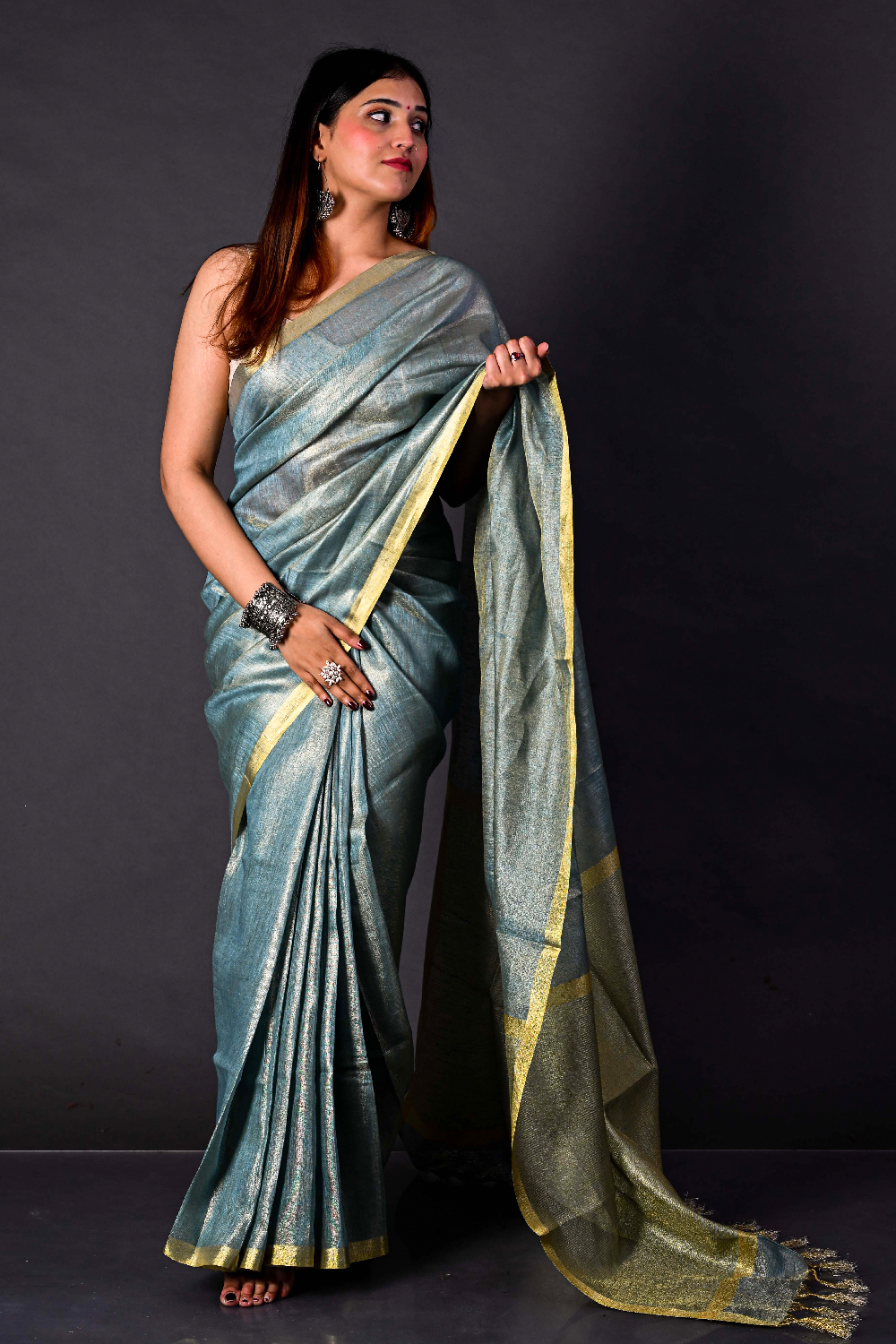 Handwoven Mist Blue tissue Linen Saree – Bhasha Bharat