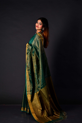 Handwoven Emerald Green Tissue  Linen Saree – Bhasha Bharat