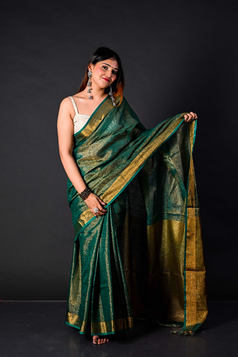 Handwoven Emerald Green Tissue  Linen Saree – Bhasha Bharat