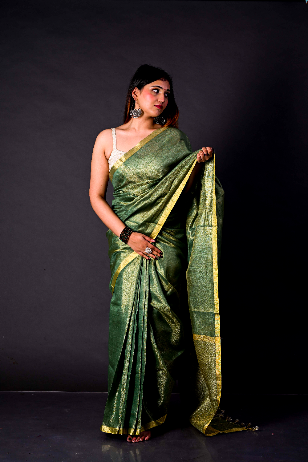 Handwoven Forest Green Tissue  Linen Saree – Bhasha Bharat