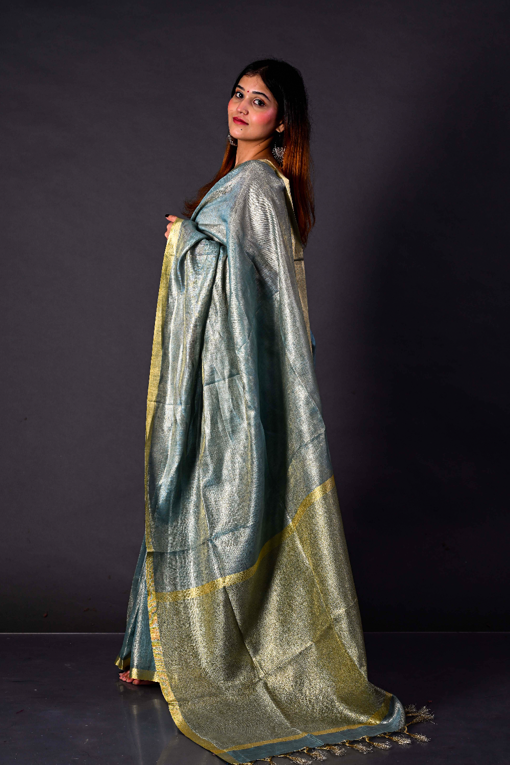 Handwoven Mist Blue tissue Linen Saree – Bhasha Bharat