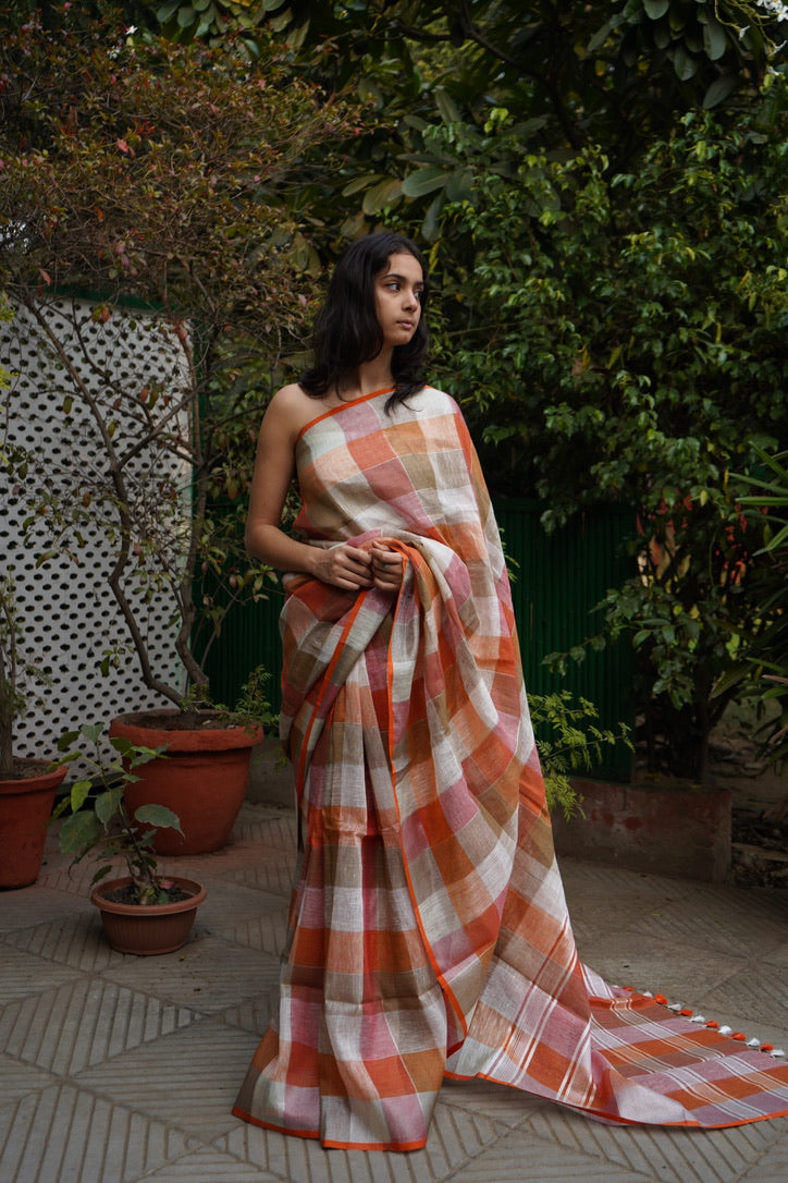 Handwoven Rust Colour Check Linen Saree for Casual Wear